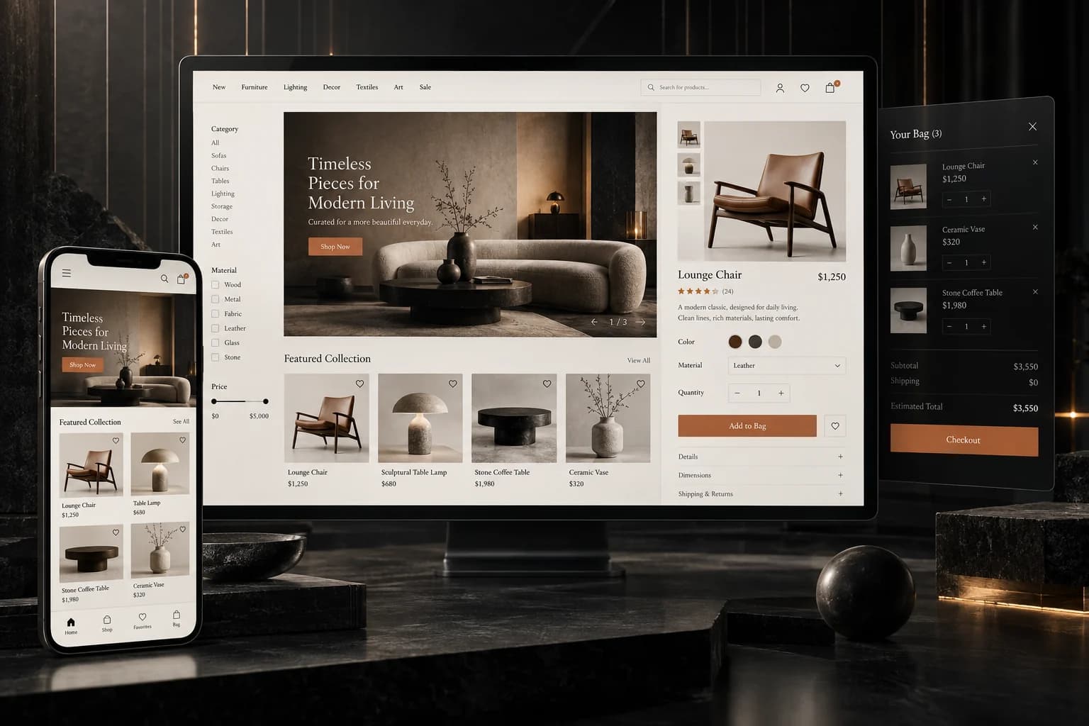 نمای مفهومی یک فروشگاه اینترنتی روی نمایشگر و موبایل