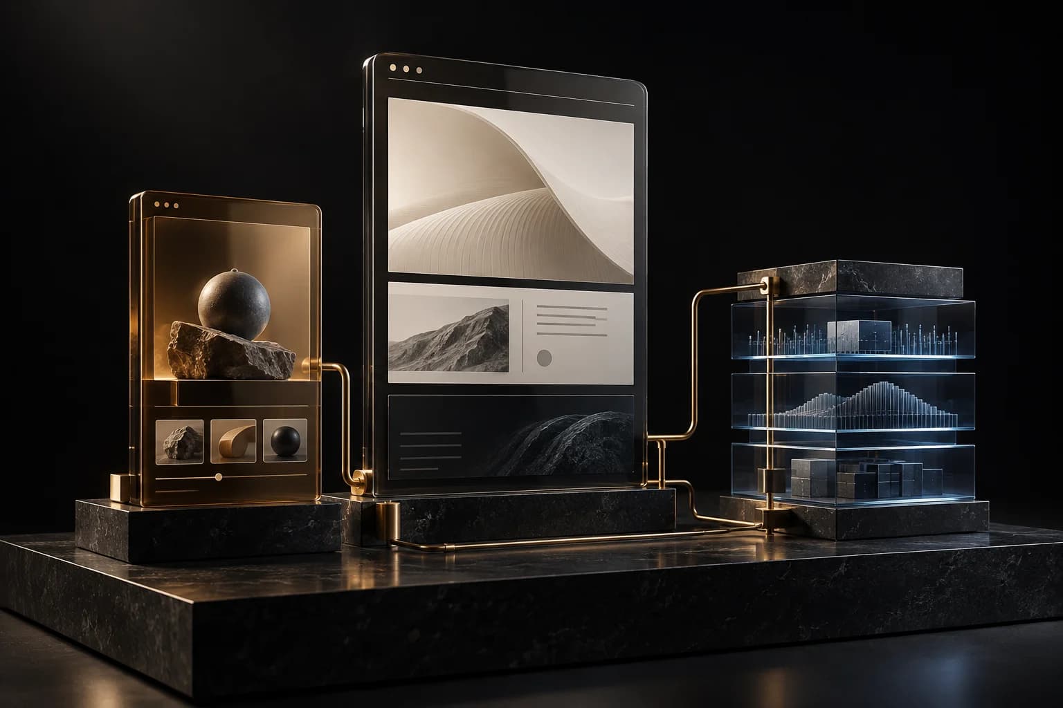 A conceptual composition of a website, commerce experience, and connected data architecture