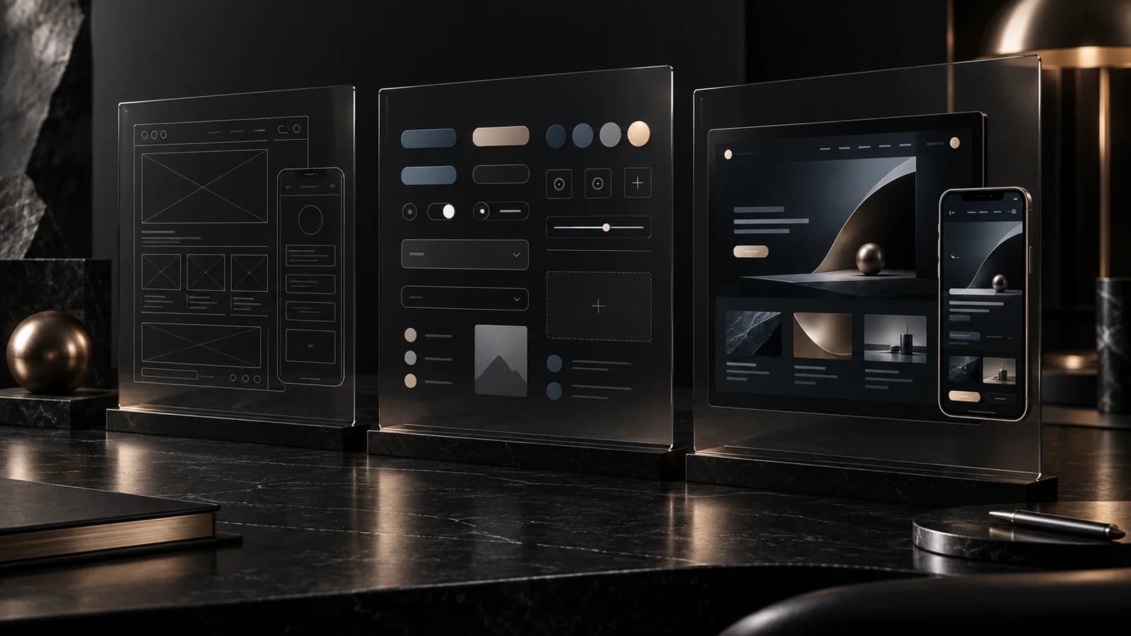 Design process from wireframes and component library to desktop and mobile interfaces